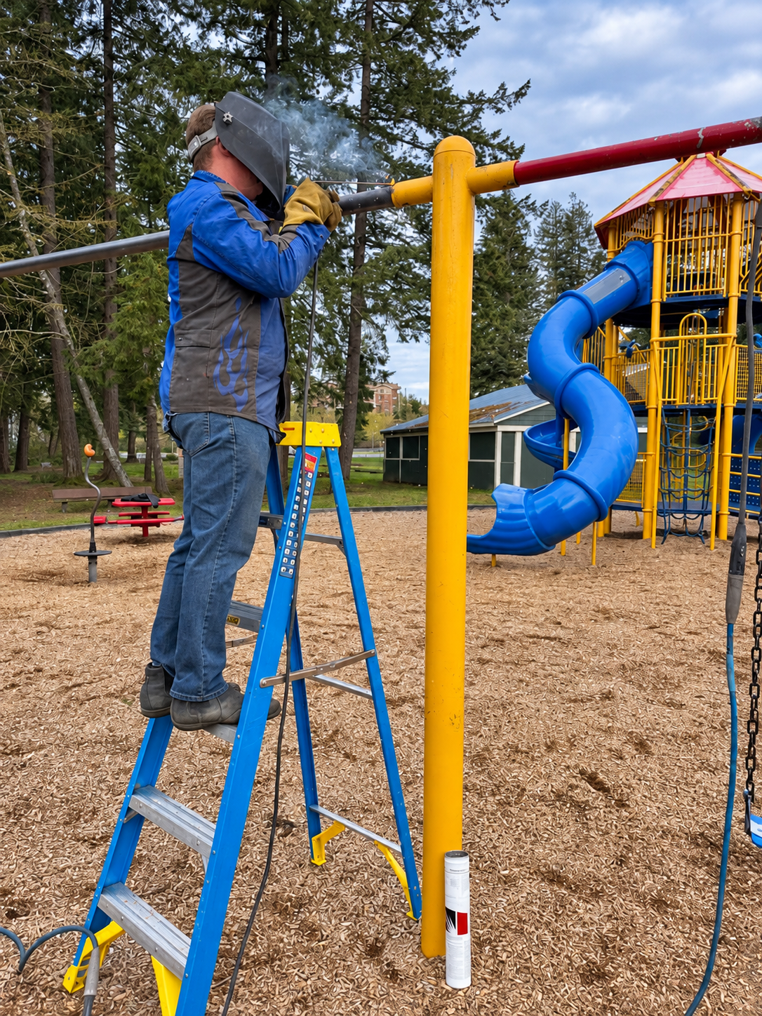 Welder repairing a commercial swing-set frame at a playground
