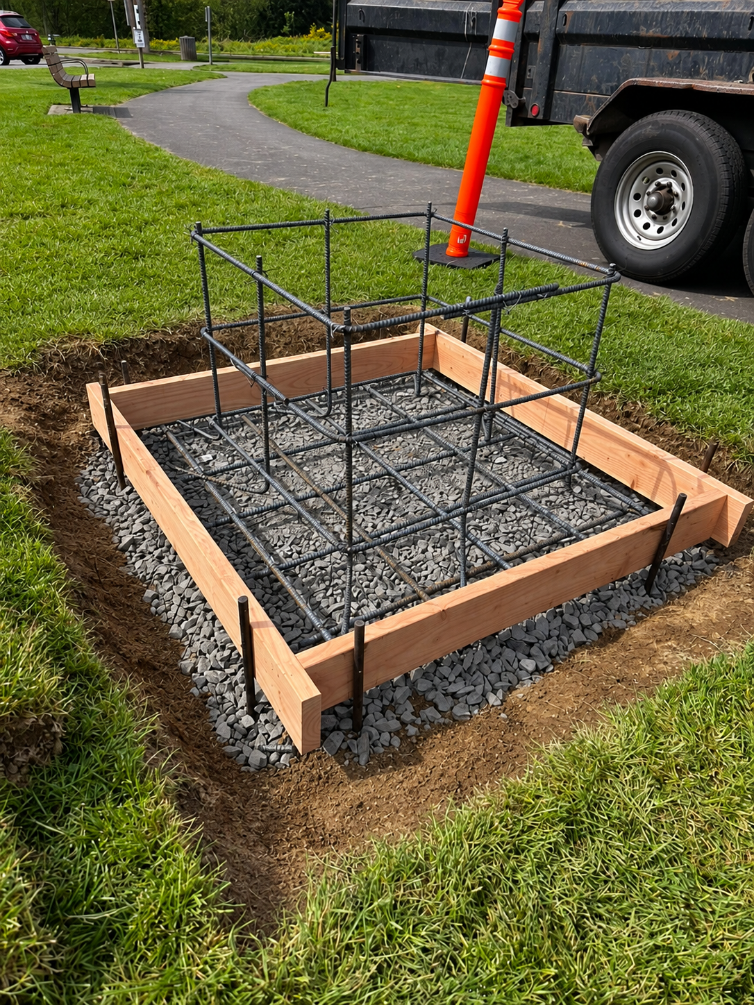 Rebar reinforcement and wood form prepared for a public art concrete foundation